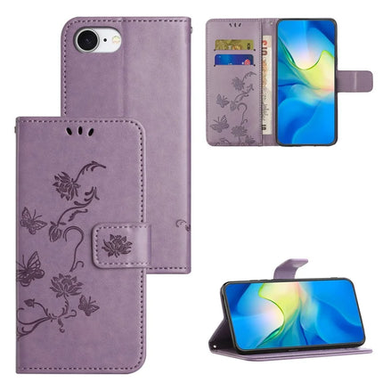 For iPhone 16e Case Wallet Stand Imprinted Butterfly Flower PU Leather Phone Cover