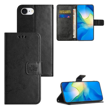 For iPhone 16e Case Wallet Stand Imprinted Butterfly Flower PU Leather Phone Cover