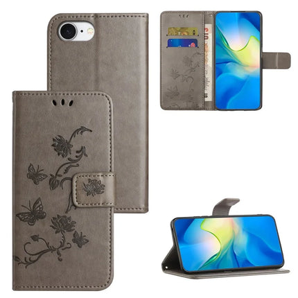 For iPhone 16e Case Wallet Stand Imprinted Butterfly Flower PU Leather Phone Cover