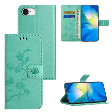 For iPhone 16e Case Wallet Stand Imprinted Butterfly Flower PU Leather Phone Cover