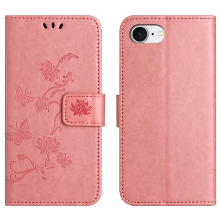 For iPhone 16e Case Wallet Stand Imprinted Butterfly Flower PU Leather Phone Cover - Pink