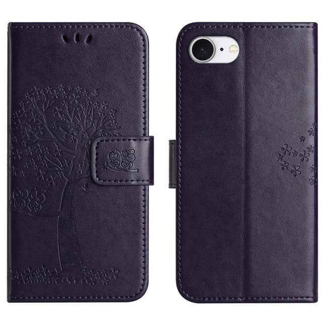 For iPhone 16e Case PU Leather Owl Tree Imprinted Wallet Phone Cover - Dark Purple