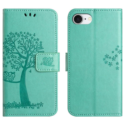 For iPhone 16e Case PU Leather Owl Tree Imprinted Wallet Phone Cover - Cyan