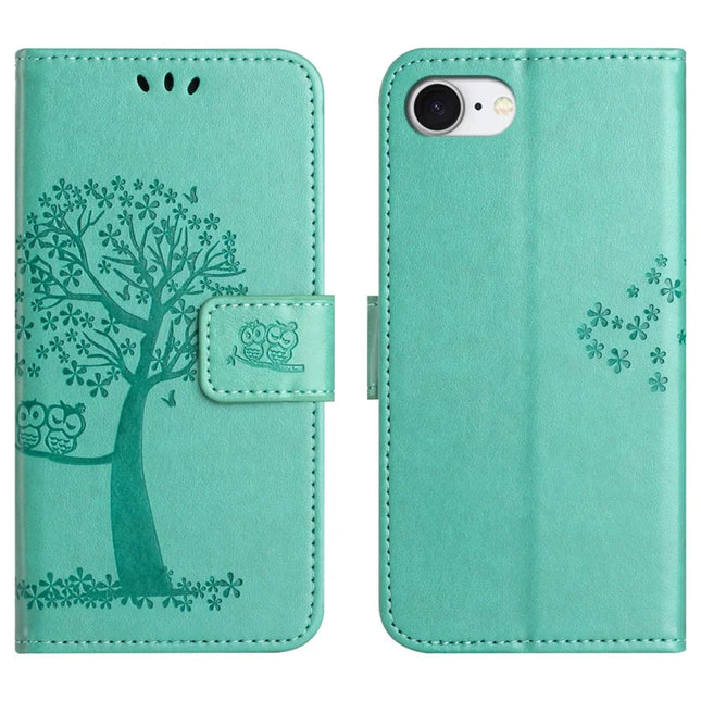 For iPhone 16e Case PU Leather Owl Tree Imprinted Wallet Phone Cover - Cyan