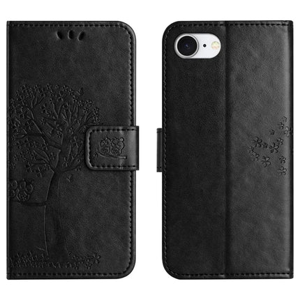 For iPhone 16e Case PU Leather Owl Tree Imprinted Wallet Phone Cover - Black