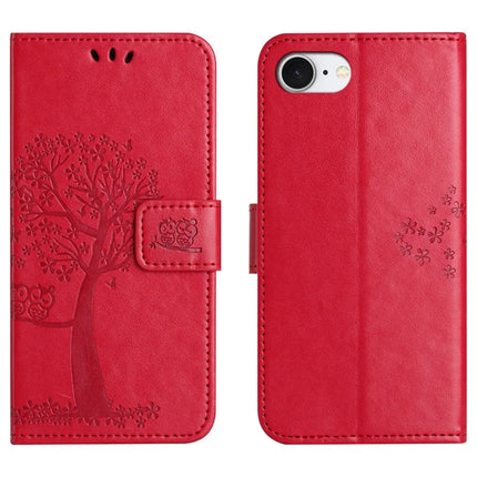 For iPhone 16e Case PU Leather Owl Tree Imprinted Wallet Phone Cover - Red