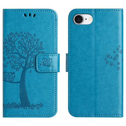 For iPhone 16e Case PU Leather Owl Tree Imprinted Wallet Phone Cover - Blue