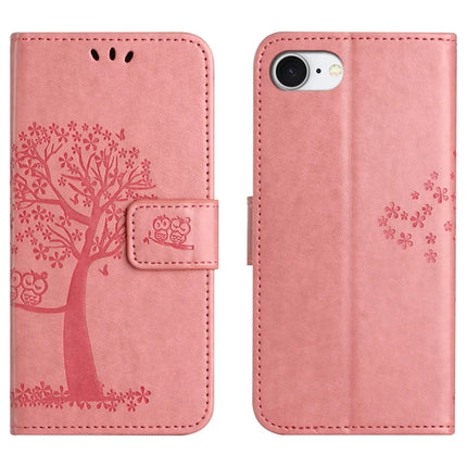 For iPhone 16e Case PU Leather Owl Tree Imprinted Wallet Phone Cover - Pink