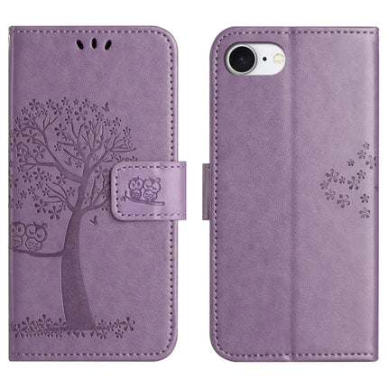 For iPhone 16e Case PU Leather Owl Tree Imprinted Wallet Phone Cover - Purple