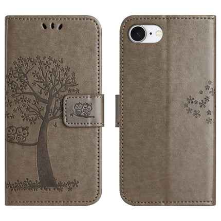 For iPhone 16e Case PU Leather Owl Tree Imprinted Wallet Phone Cover - Grey