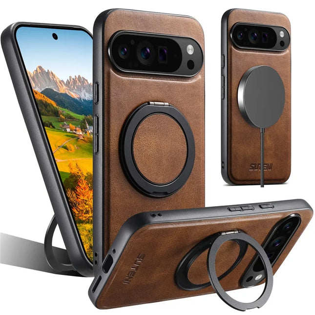 SUTENI G3 For Google Pixel 9 / 9 Pro Case Compatible with MagSafe Waxy Texture Rotating Kickstand Leather Phone Back Cover - Brown
