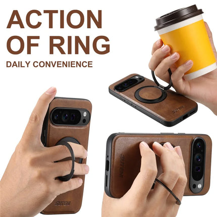 SUTENI G3 For Google Pixel 9 / 9 Pro Case Compatible with MagSafe Waxy Texture Rotating Kickstand Leather Phone Back Cover