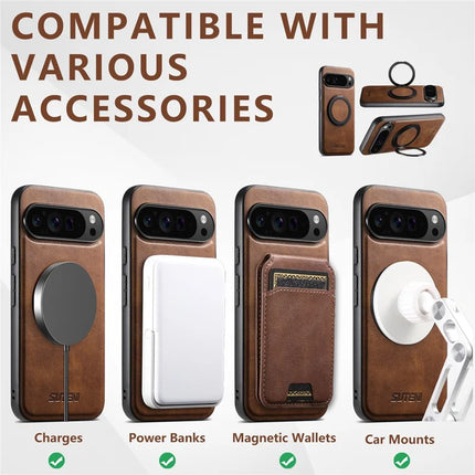 SUTENI G3 For Google Pixel 9 / 9 Pro Case Compatible with MagSafe Waxy Texture Rotating Kickstand Leather Phone Back Cover