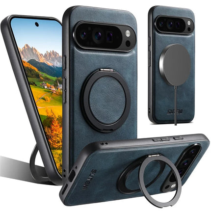 SUTENI G3 For Google Pixel 9 / 9 Pro Case Compatible with MagSafe Waxy Texture Rotating Kickstand Leather Phone Back Cover - Blue