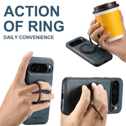 SUTENI G3 For Google Pixel 9 / 9 Pro Case Compatible with MagSafe Waxy Texture Rotating Kickstand Leather Phone Back Cover