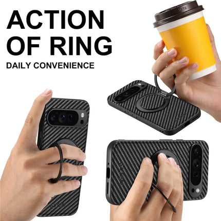 SUTENI G3 For Google Pixel 9 / 9 Pro Magnetic Case 360 Degree Rotating Kickstand Carbon Fiber Texture PU Phone Back Cover