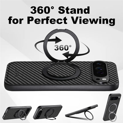 SUTENI G3 For Google Pixel 9 / 9 Pro Magnetic Case 360 Degree Rotating Kickstand Carbon Fiber Texture PU Phone Back Cover