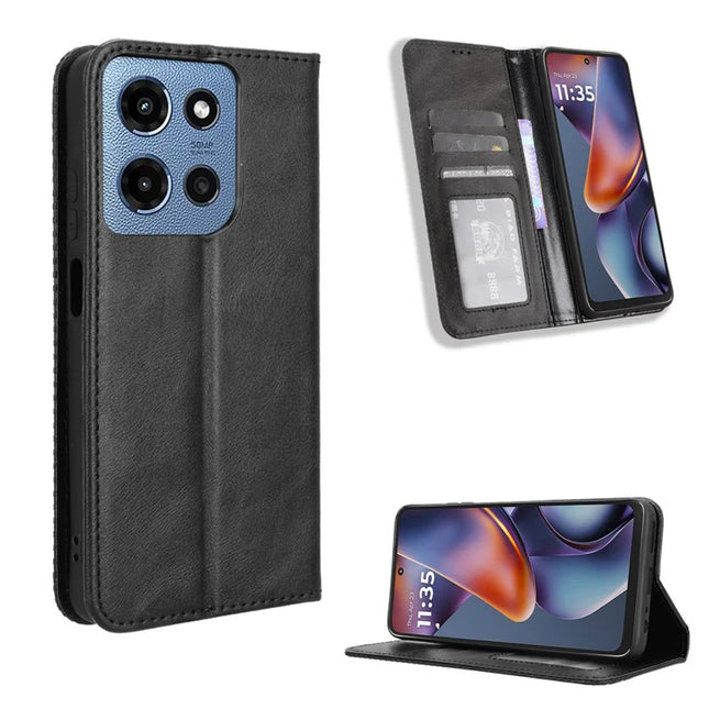 For Motorola Moto G (2025) 5G Retro PU Leather Case Phone Wallet Stand Cover - Black
