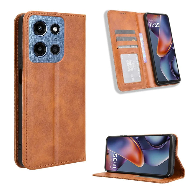 For Motorola Moto G (2025) 5G Retro PU Leather Case Phone Wallet Stand Cover - Brown