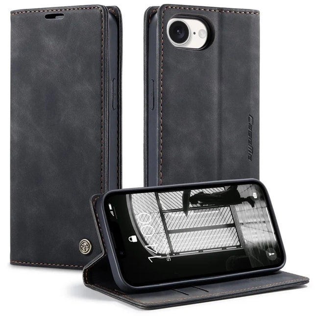 For iPhone 16e Wallet Case CASEME 013 Series PU Leather Phone Cover Stand - Black
