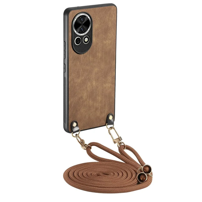 For Huawei nova 13 5G Retro Leather Phone Back Cover with Adjustable Strap - Brown