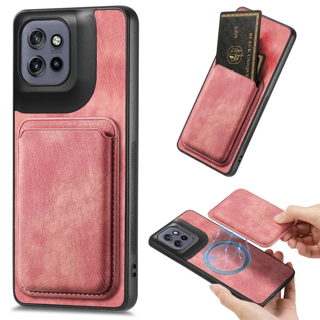 For Motorola Edge 50 Neo 5G Case Retro Leather TPU Phone Back Cover with Detachable Card Slot - Pink