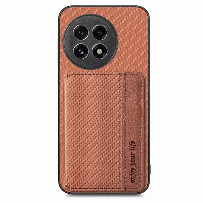 For OnePlus Ace 5 5G / OnePlus Ace 5 Pro 5G Case RFID Blocking Carbon Fiber Leather Phone Back Cover with Card Holder - Brown