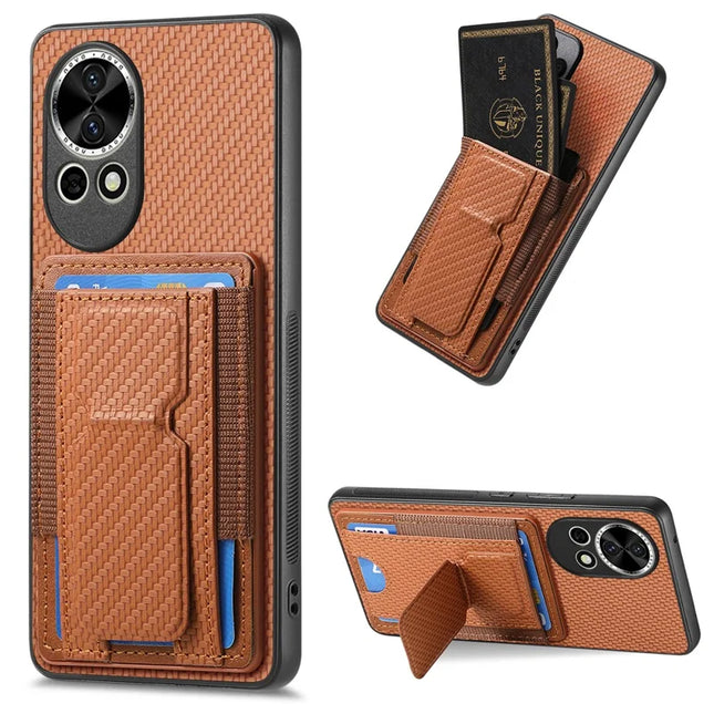 For Huawei nova 13 5G Case with Card Holder Kickstand Fiber Pattern Leather Back Cover - Brown