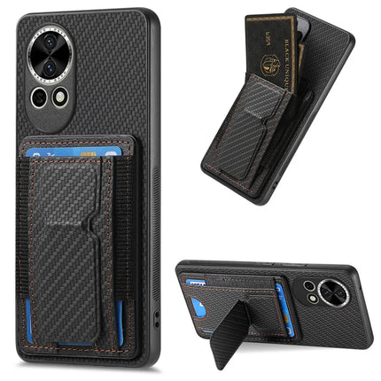 For Huawei nova 13 5G Case with Card Holder Kickstand Fiber Pattern Leather Back Cover - Black