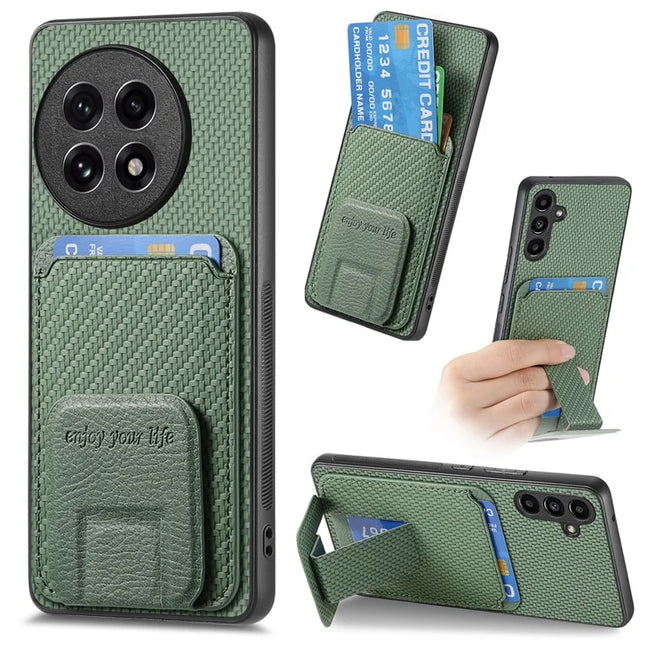 For OnePlus Ace 5 5G / OnePlus Ace 5 Pro 5G Case Card Holder Carbon Fiber Texture Leather Coated TPU Phone Cover - Green