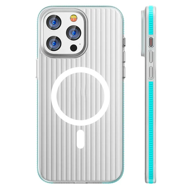 For iPhone 15 Pro Max Case PC Corrugated Texture Anti-Drop Phone Cover Compatible with MagSafe - Blue Edge