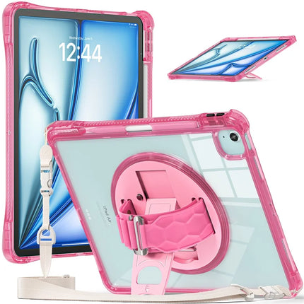 For iPad Air 13 (2024) / iPad Pro 12.9 (2022) / (2021) / (2020) / (2018) Kickstand Case PC+TPU+Acrylic Cover with Strap - Rose