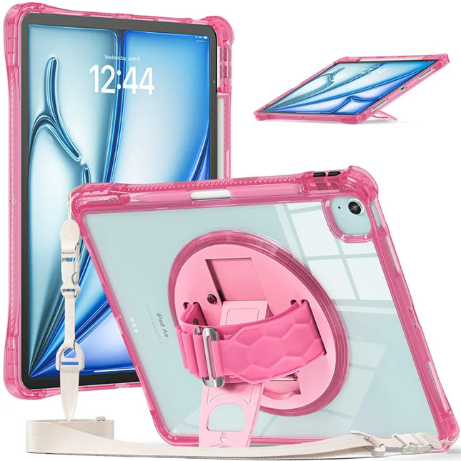 For iPad Air 13 (2024) / iPad Pro 12.9 (2022) / (2021) / (2020) / (2018) Kickstand Case PC+TPU+Acrylic Cover with Strap - Rose