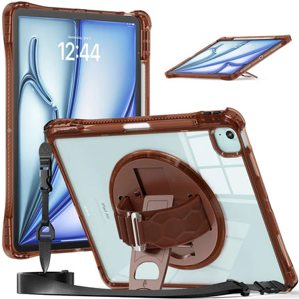 For iPad Air 13 (2024) / iPad Pro 12.9 (2022) / (2021) / (2020) / (2018) Kickstand Case PC+TPU+Acrylic Cover with Strap - Chocolate Color