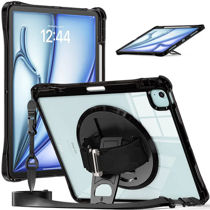 For iPad Air 13 (2024) / iPad Pro 12.9 (2022) / (2021) / (2020) / (2018) Kickstand Case PC+TPU+Acrylic Cover with Strap - Black
