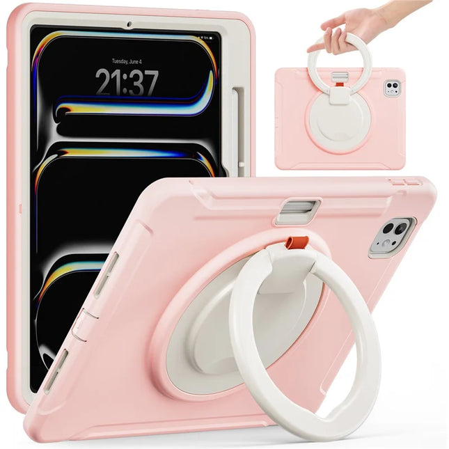 For iPad Pro 11 (2024) Case Hand Grip Kickstand PC+TPU Cover with Pen Slot - Cherry Blossoms Pink