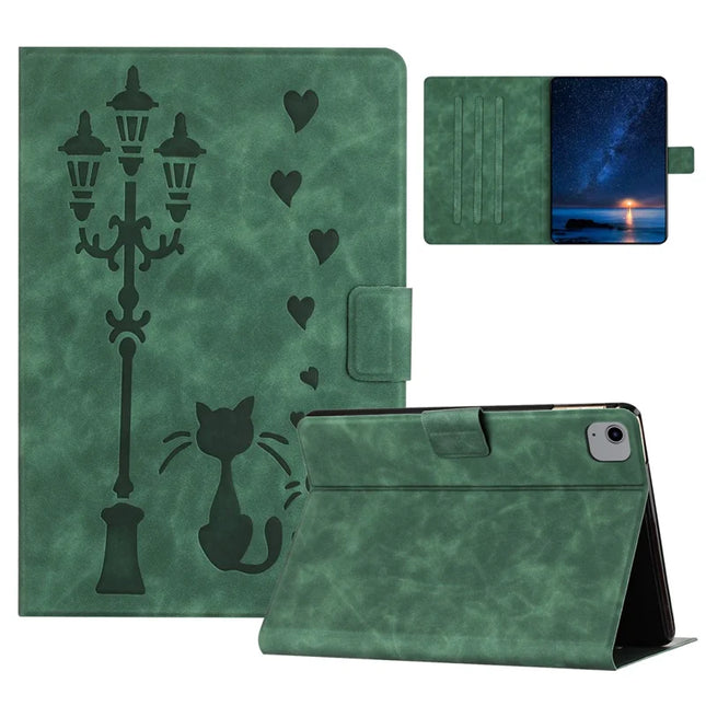 For iPad Air 11 (2024) / Air (2022) / Air (2020) Case Couple Cat Imprinted Microfiber Leather Smart Tablet Cover - Green