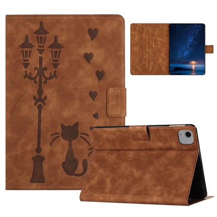 For iPad Air 11 (2024) / Air (2022) / Air (2020) Case Couple Cat Imprinted Microfiber Leather Smart Tablet Cover - Brown