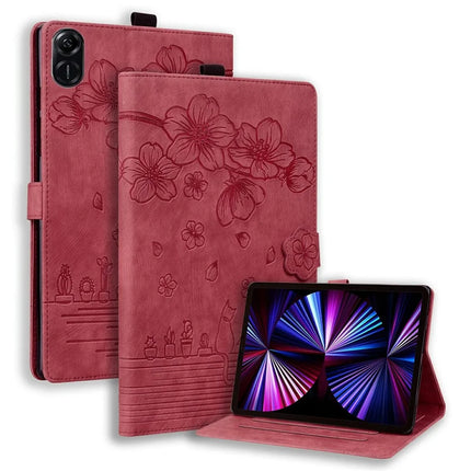 For Honor Pad X8a Case Flip Stand Leather Tablet Cover Cherry Blossom Cat Imprinted - Red