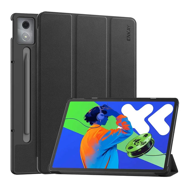 For Lenovo Xiaoxin Pad Pro 12.7 (2025) ENKAY HAT PRINCE Trifold Stand Cover PU Leather+PC Tablet Case - Black