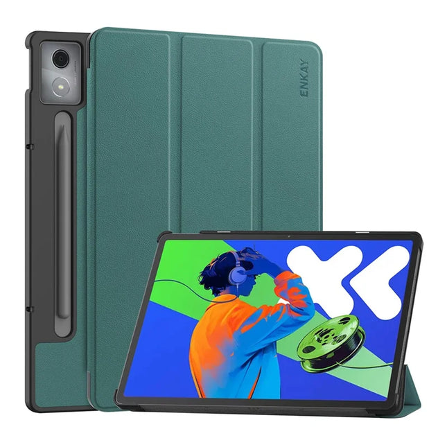 For Lenovo Xiaoxin Pad Pro 12.7 (2025) ENKAY HAT PRINCE Trifold Stand Cover PU Leather+PC Tablet Case - Dark Green