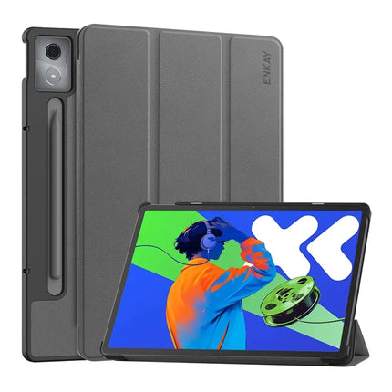 For Lenovo Xiaoxin Pad Pro 12.7 (2025) ENKAY HAT PRINCE Trifold Stand Cover PU Leather+PC Tablet Case - Grey