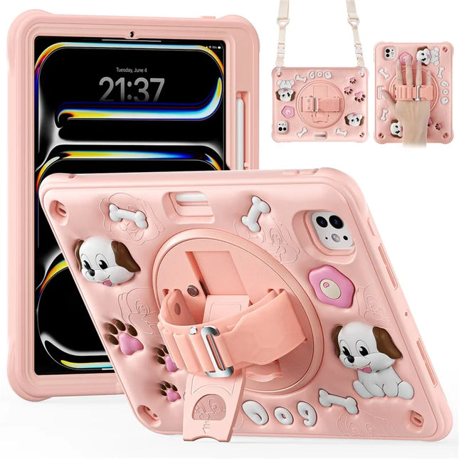 For iPad Pro 11 (2024) Case with Shoulder Strap Kickstand Cute Dog PC+Silicone+TPU Tablet Cover