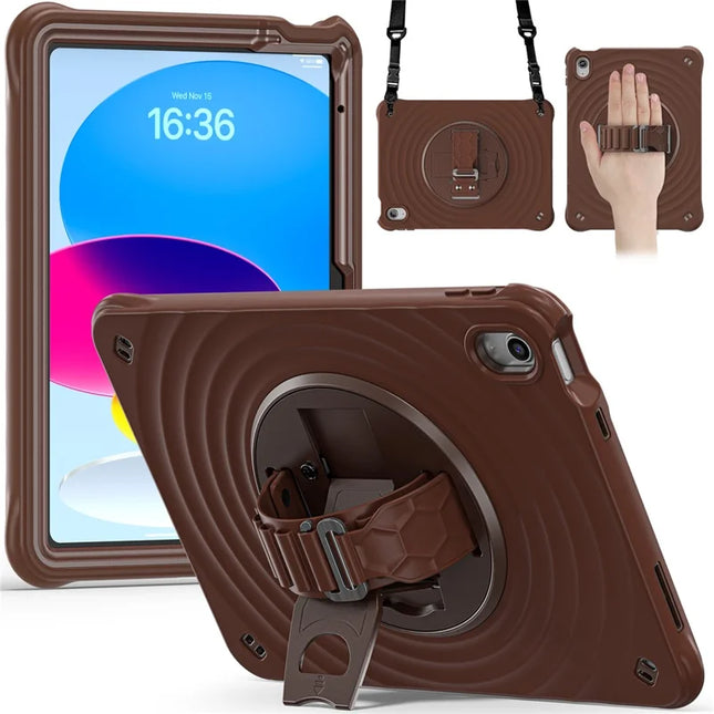 For iPad 10.9 (2022) Case Kickstand Hand Strap Tablet Cover with Shoulder Strap - Chocolate Color