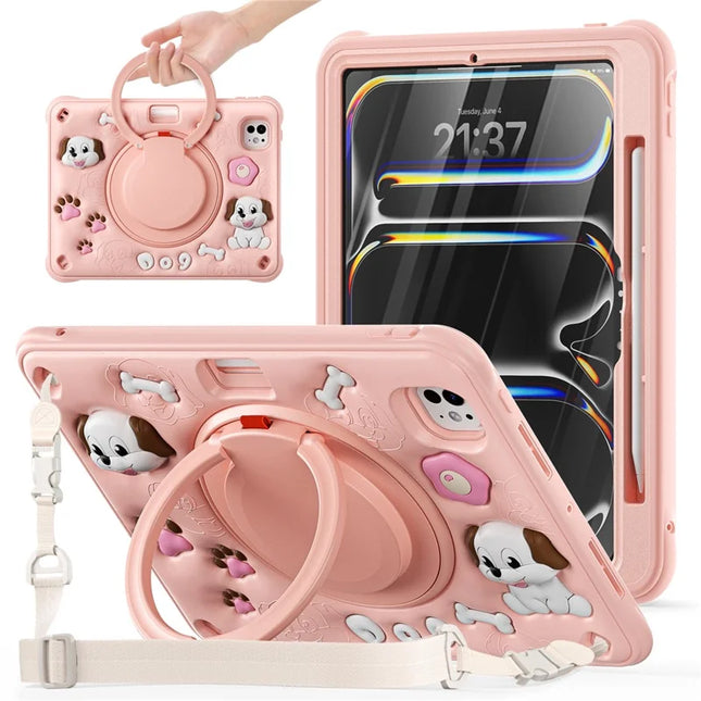 For iPad Pro 11 (2024) Case with Shoulder Strap Cute Dog Kickstand PC+Silicone+TPU Tablet Cover