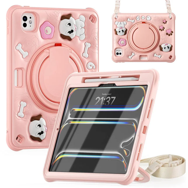 For iPad Pro 11 (2024) Case with Shoulder Strap Cute Dog Kickstand PC+Silicone+TPU Tablet Cover