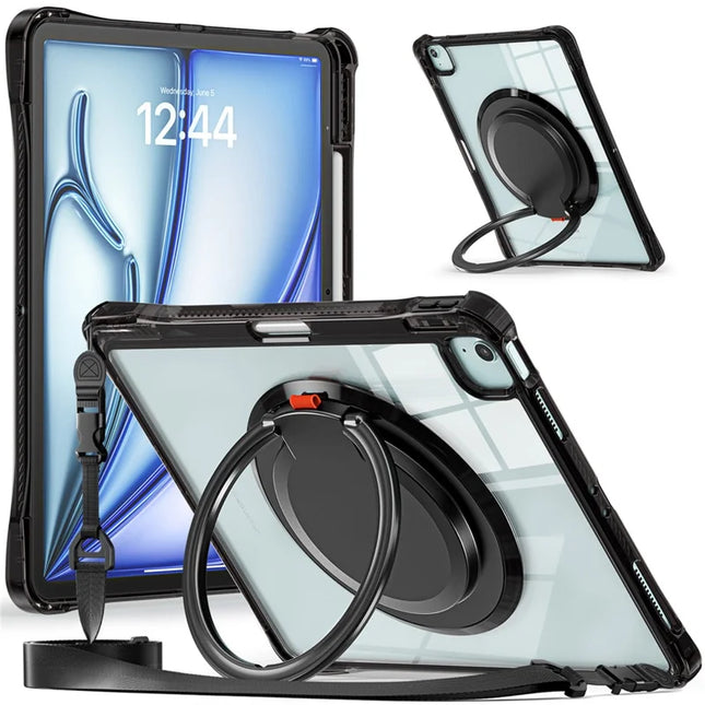 For iPad Air 13 (2024) / iPad Pro 12.9 (2022) / (2021) / (2020) / (2018) Case with Shoulder Strap Kickstand PC+TPU+Acrylic Tablet Cover - Black