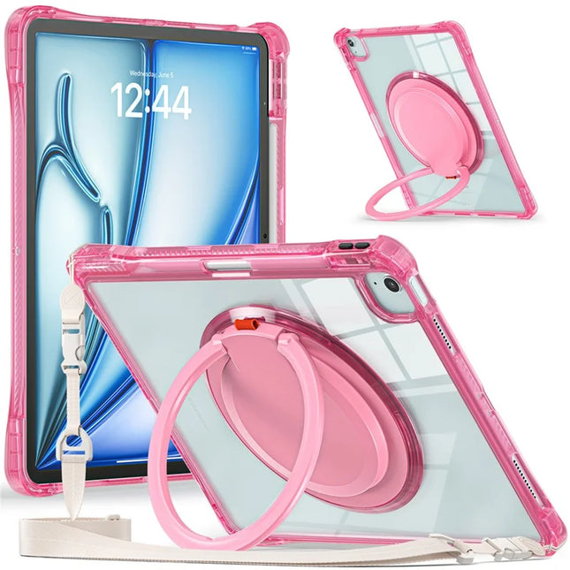 For iPad Air 13 (2024) / iPad Pro 12.9 (2022) / (2021) / (2020) / (2018) Case with Shoulder Strap Kickstand PC+TPU+Acrylic Tablet Cover - Rose