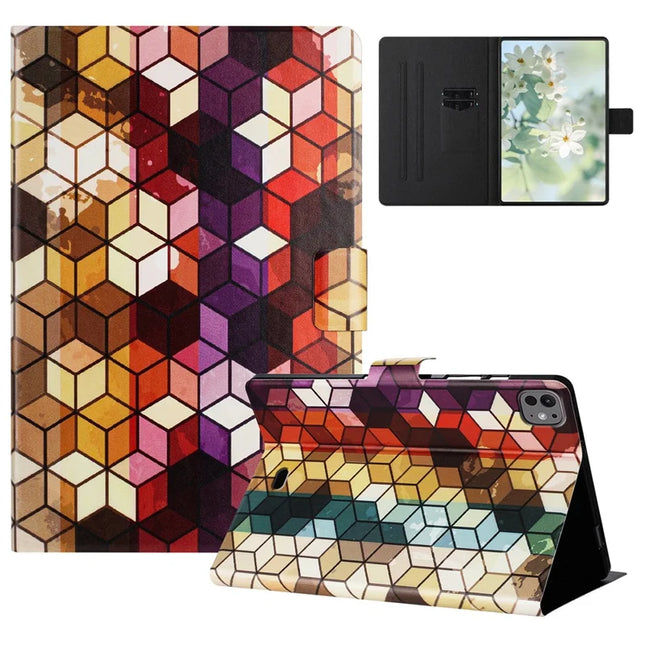 For iPad Pro 11 (2024) Case Pattern Printed Stand Litchi Texture Leather Tablet Cover with Card Slots - Block