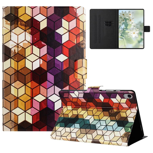 For iPad 10.9 (2022) Case Pattern Printed Stand Litchi Texture Leather Tablet Cover with Card Slots - Block